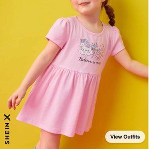 Shein | NWT | Toddler Girls Unicorn Puff Sleeve Dress | 5Y | Pink | JIT8230984